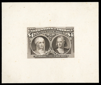 United States 1893 Columbian Exposition (244-E8) 1893 $4 black brown, die essay on india on card, 70x58mm, h.r. and pencil notations on back, some very faint toned spots, v.f. and seldom seen...