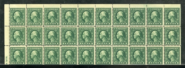 United States 1917-29 Issues (498f) 1917 A.E.F., 1c green, booklet pane of 30, h.r. in several places, nice color, fine, cat. $1,050