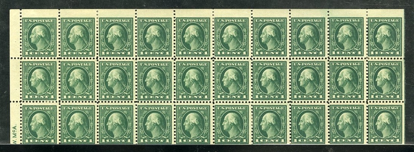 United States 1917-29 Issues (498f) 1917 A.E.F., 1c green, booklet pane of 30, h.r. in several places, nice color, fine, cat. $1,050