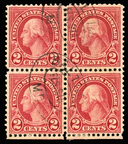 United States 1917-29 Issues (595) 1923 2c carmine, bottom sheet margin block of four, used, fairly well centered, fine-v.f.  A rare block, cat. $1,750
