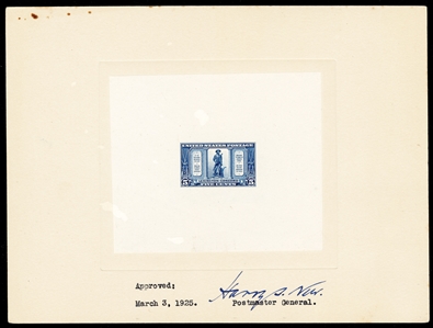 United States 1917-29 Issues (617-619P1) 1925 Lexington-Concord, large die proofs, die sunk on full cards (203x153mm), each with Harry New postmaster general approval signature, blue control...