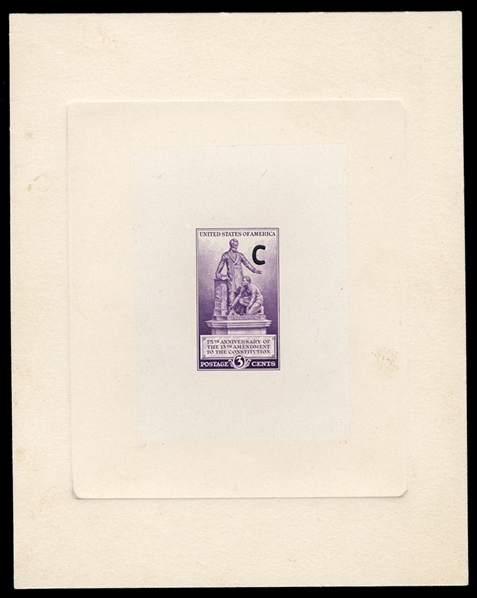 United States 1930-79 Issues (902P) 1940 3c Emancipation Monument, large die proof in issued color, die sunk on card (116x146mm), with "C" punch at right, handstamped on reverse "Engravers...