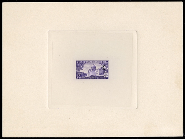 United States 1930-79 Issues (903P) 1941 3c Vermont, large die proof in issued color, die sunk on full card (202x150mm), with "C" punch at right, handstamped on reverse "Engravers stock proof/...