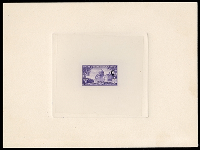 United States 1930-79 Issues (903P) 1941 3c Vermont, large die proof in issued color, die sunk on full card (202x150mm), with "C" punch at right, handstamped on reverse "Engravers stock proof/...
