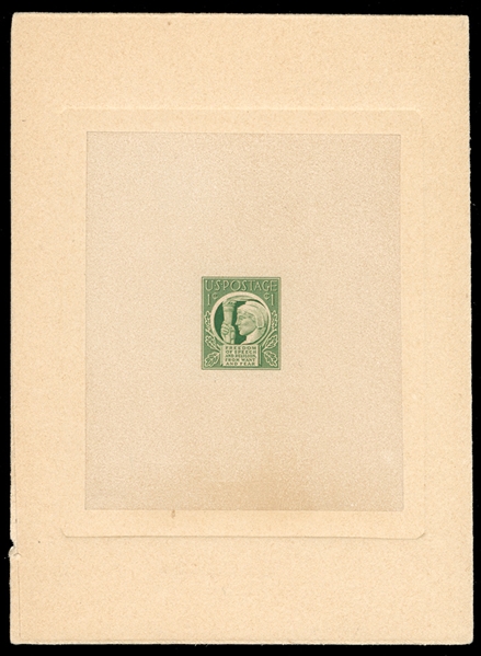 United States 1930-79 Issues (908P) 1943 1c Four Freedoms Issue, large die proof in issued color, die sunk on card (110x150mm), handstamped on reverse "Engravers stock proof/ Authorized by",...