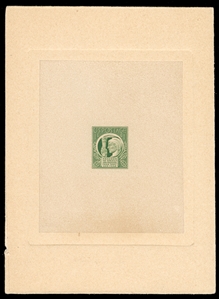 United States 1930-79 Issues (908P) 1943 1c Four Freedoms Issue, large die proof in issued color, die sunk on card (110x150mm), handstamped on reverse "Engravers stock proof/ Authorized by",...