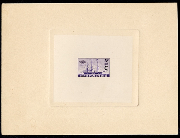 United States 1930-79 Issues (923P) 1944 3c "Savannah" (First Steamship Across Atlantic), large die proof in issued color, die sunk on card (200x150mm), with "C" punch at right, handstamped on...