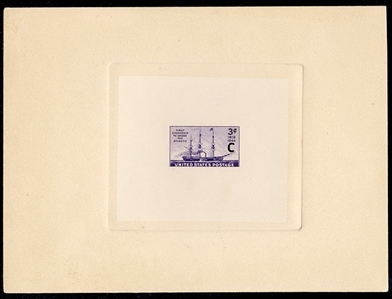 United States 1930-79 Issues (923P) 1944 3c "Savannah" (First Steamship Across Atlantic), large die proof in issued color, die sunk on card (200x150mm), with "C" punch at right, handstamped on...