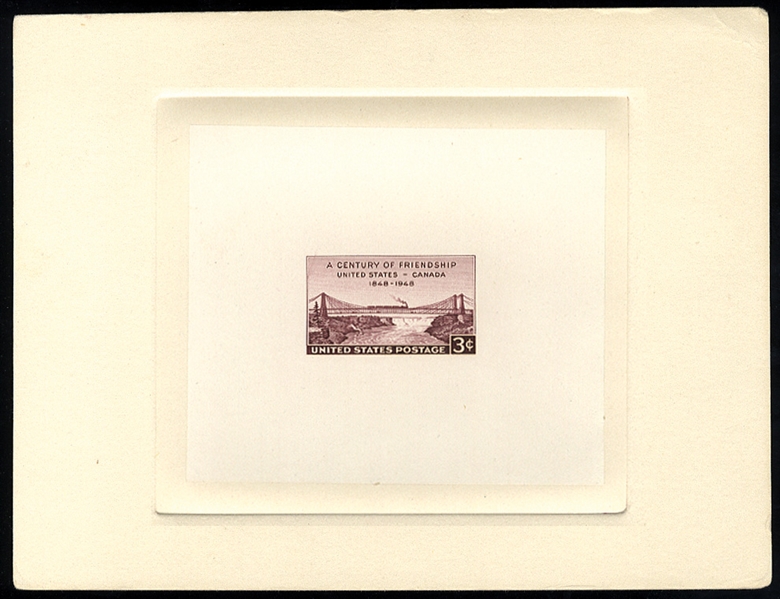 United States 1930-79 Issues (961TC1) 1948 United States-Canada Friendship Issue, 3c trial color large die proof in brown violet, die mounted on card (202x156mm), with blue control no. and...