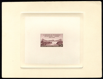 United States 1930-79 Issues (961TC1) 1948 United States-Canada Friendship Issue, 3c trial color large die proof in brown violet, die mounted on card (202x156mm), with blue control no. and...