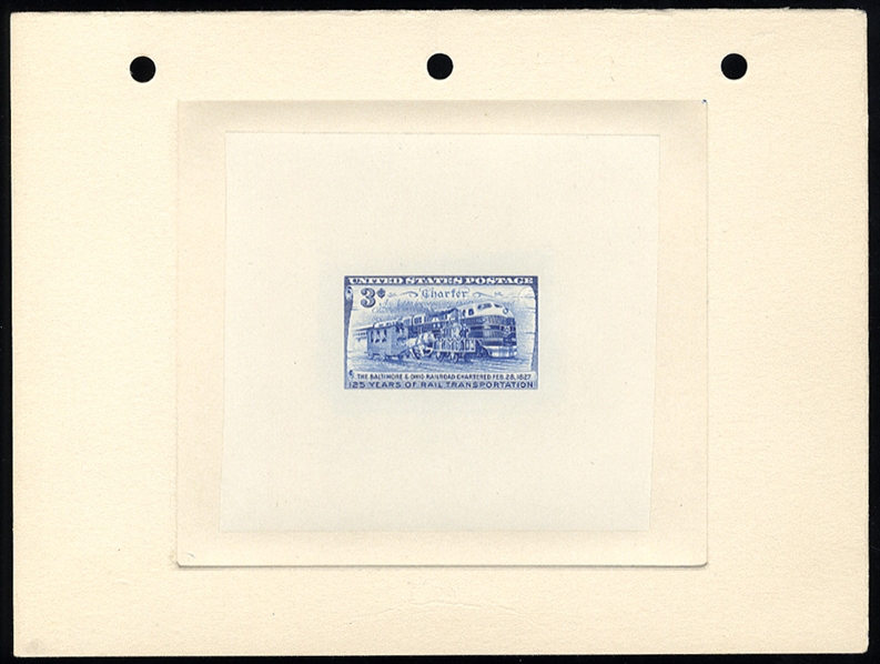 United States 1930-79 Issues (1006TC1) 1952 B. & O. Railroad, 3c trial color large die proof in blue, die mounted on card (202x152mm), with blue control no. and engravers stock proof handstamp...