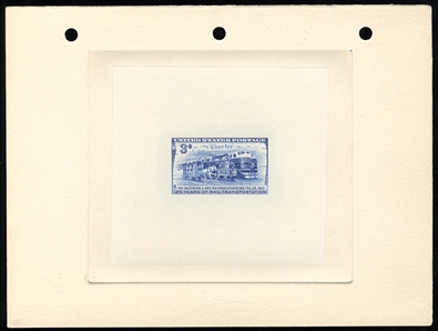 United States 1930-79 Issues (1006TC1) 1952 B. & O. Railroad, 3c trial color large die proof in blue, die mounted on card (202x152mm), with blue control no. and engravers stock proof handstamp...