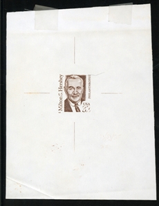 United States Modern Issues (2933P) 1995 Milton Hershey, 32c die proof on gummed paper, guide-line markings on all sides, creases and scotch tape stains on top, fine and undoubtedly very rare