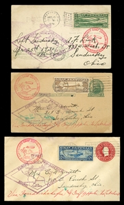 United States - Air Post (C13-15) 1930 Zeppelin, 65c-$2.60, set of three used on ppc (65c), 1c stationery card ($1.30) and 2c entire ($2.60), all appropriate cachets and markings, some toning,...