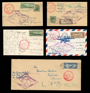 United States - Air Post (C13-15) 1930 65c and $1.30, two of each used on separate postcards, plus $2.60 dark blue on legal size envelope, with Round Flight cachet and Lakehurst arrival, fine-v.f.