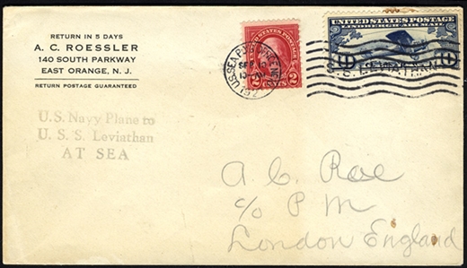 United States - Flight Covers 1927 (10 Sep) U.S. Sea Post Office with "U.S.Navy Plane to U.S.S. Leviathan at Sea" cachet, return address of A.C.Roessler, some toning, stamps with...