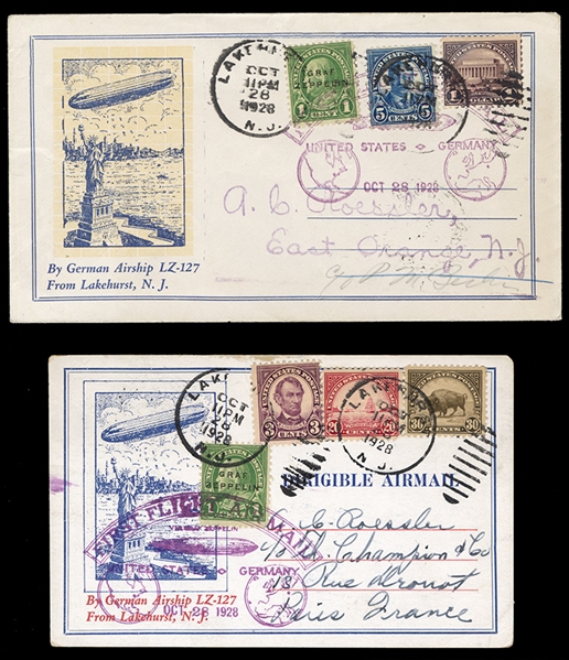 United States - Zeppelin Flights 1928 (28 Oct) Albert Roessler cacheted LZ-127 cover, franked with 1c green, overprinted "Graf Zeppelin" (small "A" in "Graf"), also 5c Roosevelt and...