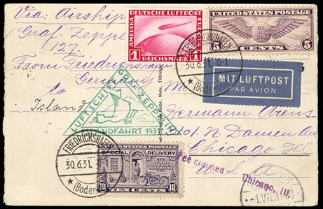 United States - Zeppelin Flights 1931 Iceland Flight, picture postcard from Friedrichshafen, with U.S. 5c and 10c (Special Delivery), used in combination with Germany 1m carmine, tied...