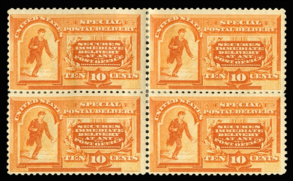 United States - Special Delivery (E3) 1893 10c orange, block of four, hinge strengthening and pencil notations, fine, cat. $1,250