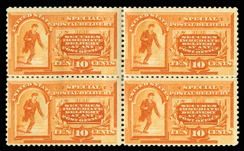 United States - Special Delivery (E3) 1893 10c orange, block of four, hinge strengthening and pencil notations, fine, cat. $1,250