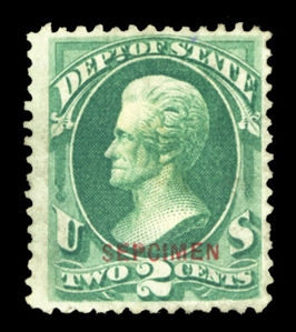 United States - Official Stamps (O58Sa) 1873 Special Printing, Department of State, 2c bluish green, overprinted "SEPCIMEN" in error, without gum as issued (paper adherence on reverse), fresh...