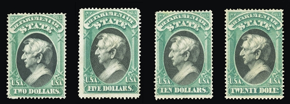 United States - Official Stamps (O68-71) 1873 State, $2-$20 green and black, four top values, $2 and $10 unused without gum, reperforated (the latter regummed over faults), others part original,...