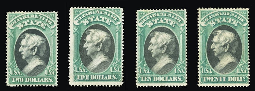 United States - Official Stamps (O68-71) 1873 State, $2-$20 green and black, four top values, $2 and $10 unused without gum, reperforated (the latter regummed over faults), others part original,...