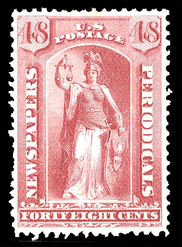United States - Newspaper Stamps (PR43) 1875 Special Printing, 48c pale rose, unused without gum as issued, well centered, bright color, few rough perfs, fine example of this rare stamp, only...