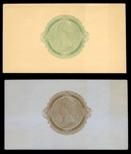 United States - Postal Stationery 1874 Lockwood and Company, Washington design in center of non-denominated entire envelopes, in light green and bluish brown, unused, minor toning, fine-v.f.,...