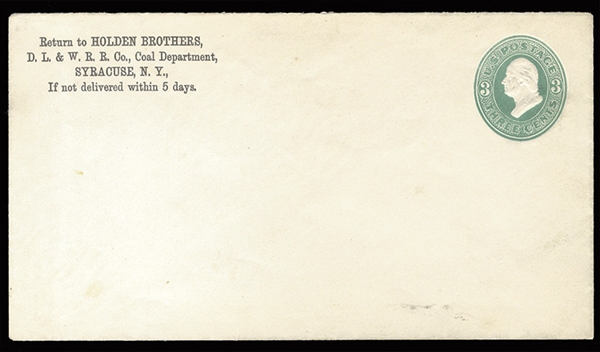 United States - Postal Stationery (U168) 1881 3c green, die 58, size 10, knife 54, unused entire, with pre-printed "Holden Brothers" return address, backflap partly sealed and the entire opened...