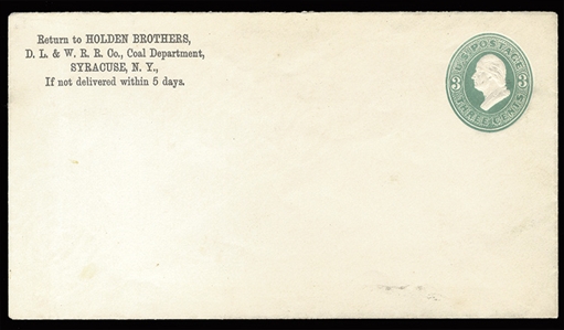 United States - Postal Stationery (U168) 1881 3c green, die 58, size 10, knife 54, unused entire, with pre-printed "Holden Brothers" return address, backflap partly sealed and the entire opened...