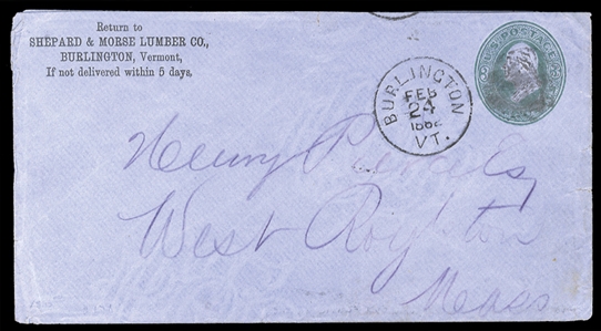 United States - Postal Stationery (U170) 1881 3c green on blue, entire, size 10, knife 54, watermark 5, cork cancel, with "Burlington, VT Feb 24 1882" cds alongside, addressed to West Royton,...