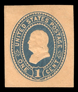 United States - Postal Stationery (U298) 1887 1c blue on oriental buff, cut square, 31x36mm, bright color and sharp impression, v.f. A great rarity, one of only nine believed to exist, with 1991...