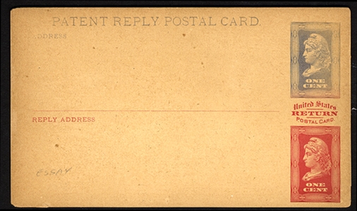 United States - Postal Stationery 1900 Patent Reply unused postal card Essay, 1c gray blue and red, some toning, with back label detached, fine