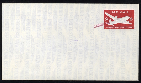 United States - Postal Stationery (UC25E) 1960-70 6c Airmail envelope Essay, vertically imprinted "United States Air Mail Postage 6c" (every other line with inverted wording), fully imprinted...
