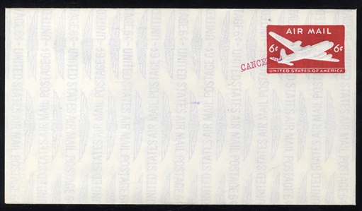 United States - Postal Stationery (UC25E) 1960-70 6c Airmail envelope Essay, vertically imprinted "United States Air Mail Postage 6c" (every other line with inverted wording), fully imprinted...