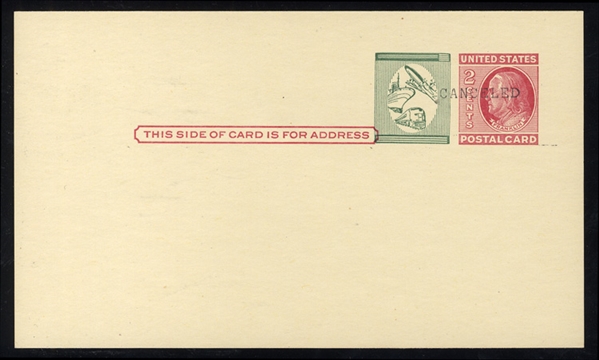 United States - Postal Stationery Postal Cards (UX38E) 1960-70 2c carmine rose, with 1c green Plane, Train and Ship surcharge essay without denomination or "U.S. Postage" label, overprinted...