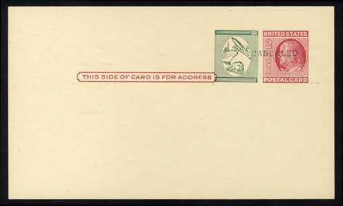 United States - Postal Stationery Postal Cards (UX38E) 1960-70 2c carmine rose, with 1c green Plane, Train and Ship surcharge essay without denomination or "U.S. Postage" label, overprinted...