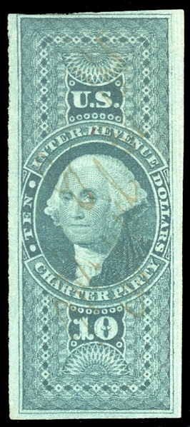 United States - Revenue Stamps (R93a) 1862 $10 Charter Party, imperf., ms cancel, full to just clear margins all around, fine, with 1997 PFC, cat. $900