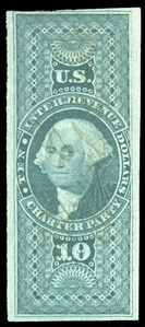 United States - Revenue Stamps (R93a) 1862 $10 Charter Party, imperf., ms cancel, full to just clear margins all around, fine, with 1997 PFC, cat. $900