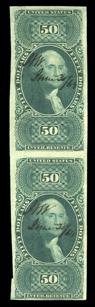 United States - Revenue Stamps (R101a) 1864 Internal Revenue, $50 green, imperforate vertical pair, ms cancels, v.f., cat. $700