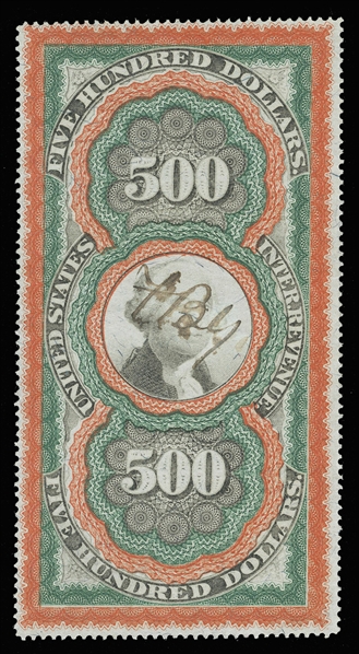 United States - Revenue Stamps (R133) 1871 $500 red orange, green & black Second Issue “Large Persian Rug” revenue stamp bearing deep, vibrant colors and a light, unobtrusive manuscript pen...