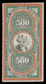 United States - Revenue Stamps (R133) 1871 $500 red orange, green & black Second Issue “Large Persian Rug” revenue stamp bearing deep, vibrant colors and a light, unobtrusive manuscript pen...