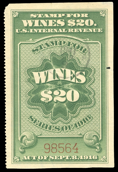 United States - Revenue Stamps Cordials and Wine Stamps (RE107A) 1934 $20 yellow green, with thinner serial numbers, lightly canc., small hole & rounded upper left corner, fine appearance, cat. $2,500
