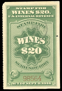 United States - Revenue Stamps Cordials and Wine Stamps (RE107A) 1934 $20 yellow green, with thinner serial numbers, lightly canc., small hole & rounded upper left corner, fine appearance, cat. $2,500