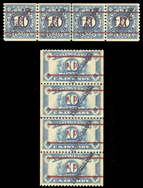 United States - Revenue Stamps Playing Cards (RF20/23S) 1926-29 10c blue and 10c light blue, overprinted Specimen, horizontal or vertical joint line strips of four, n.h., 10c blue with gripper...