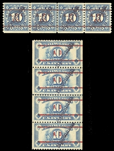 United States - Revenue Stamps Playing Cards (RF20/23S) 1926-29 10c blue and 10c light blue, overprinted Specimen, horizontal or vertical joint line strips of four, n.h., 10c blue with gripper...