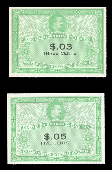 United States - Revenue Stamps Distilled Spirits Excise Tax (RX27-28) 1952 3c and 5c yellow green and black, unused without gum as issued, v.f., each with 2014 PSE certificate, cat. $1,000
