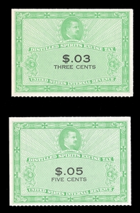 United States - Revenue Stamps Distilled Spirits Excise Tax (RX27-28) 1952 3c and 5c yellow green and black, unused without gum as issued, v.f., each with 2014 PSE certificate, cat. $1,000