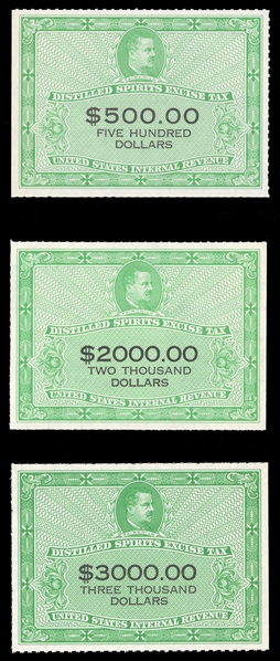 United States - Revenue Stamps Distilled Spirits Excise Tax (RX40/44) 1952 $500, $2,000 and $3,000, three different, unused without gum as issued, fine-v.f., each with 2014 PSE cert., cat. $1,650